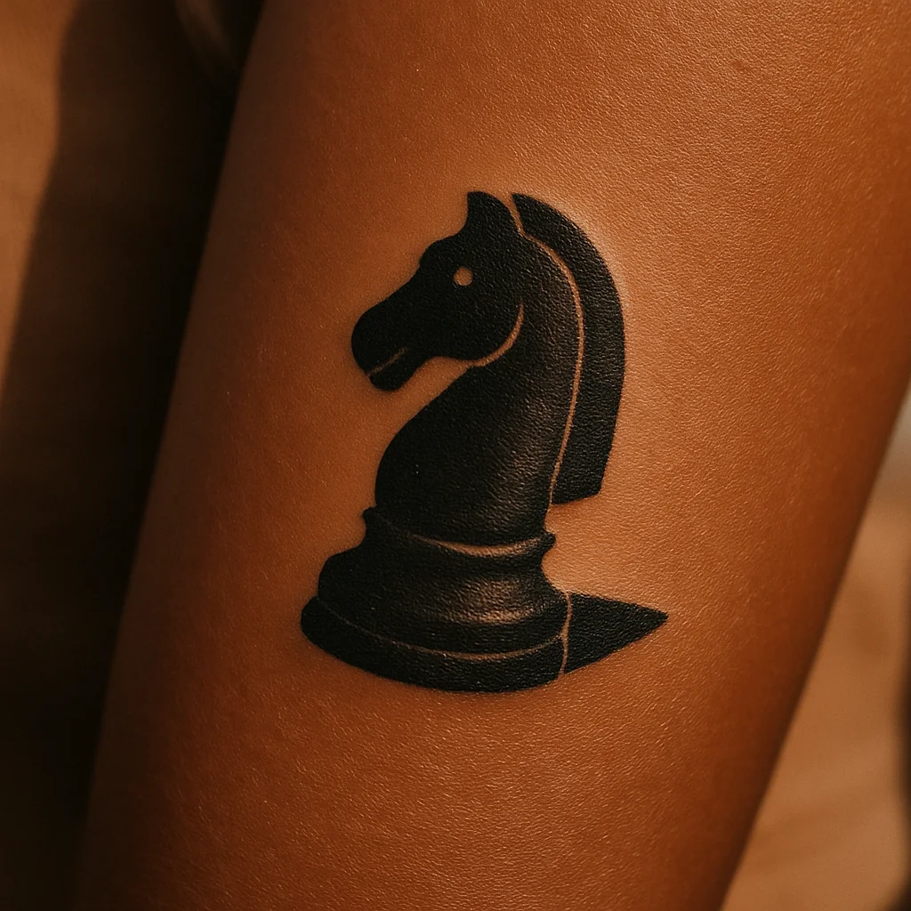 Small blackwork chess knight with solid shading on a man's inner forearm