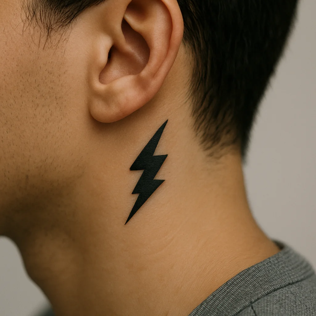 Small blackwork lightning bolt tattoo angled behind the ear toward the jaw