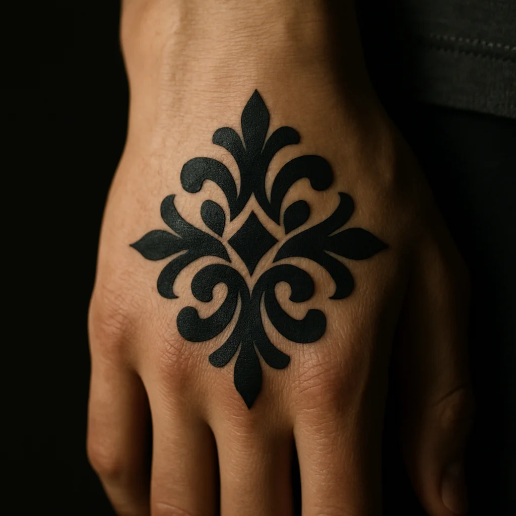 Small blackwork ornamental motif tattoo on the back of the hand