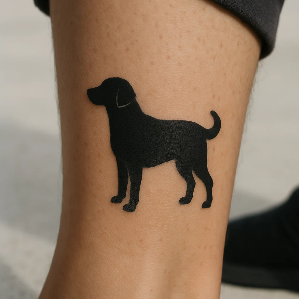 Small blackwork silhouette of a family dog tattooed on the calf