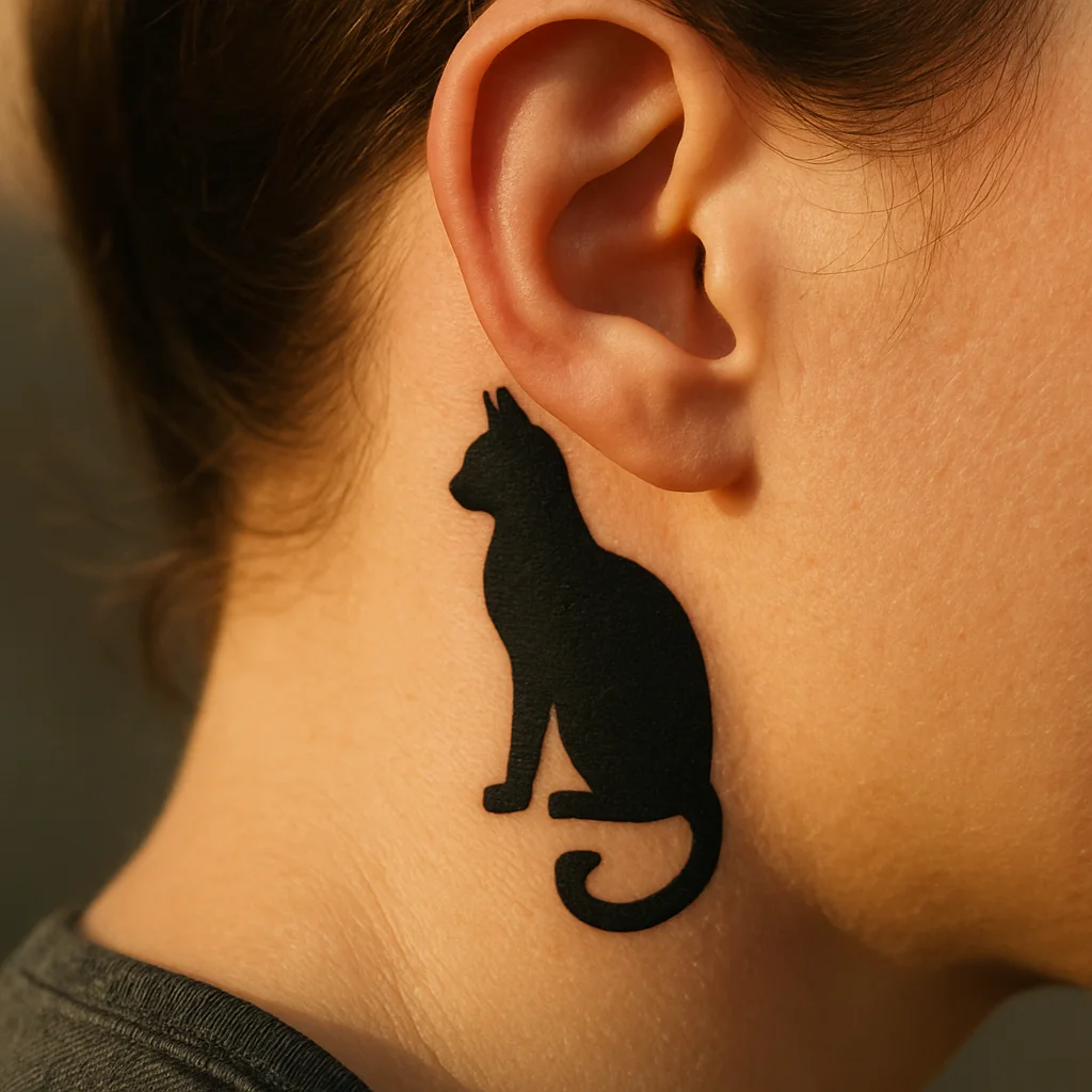 Small blackwork sitting cat silhouette tattoo behind the ear