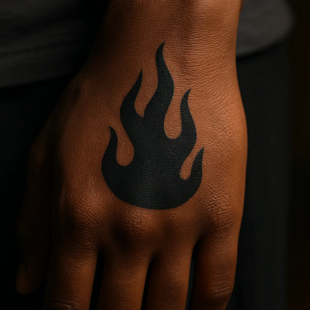 Small bold flame tattoo at the heel of the palm below the thumb