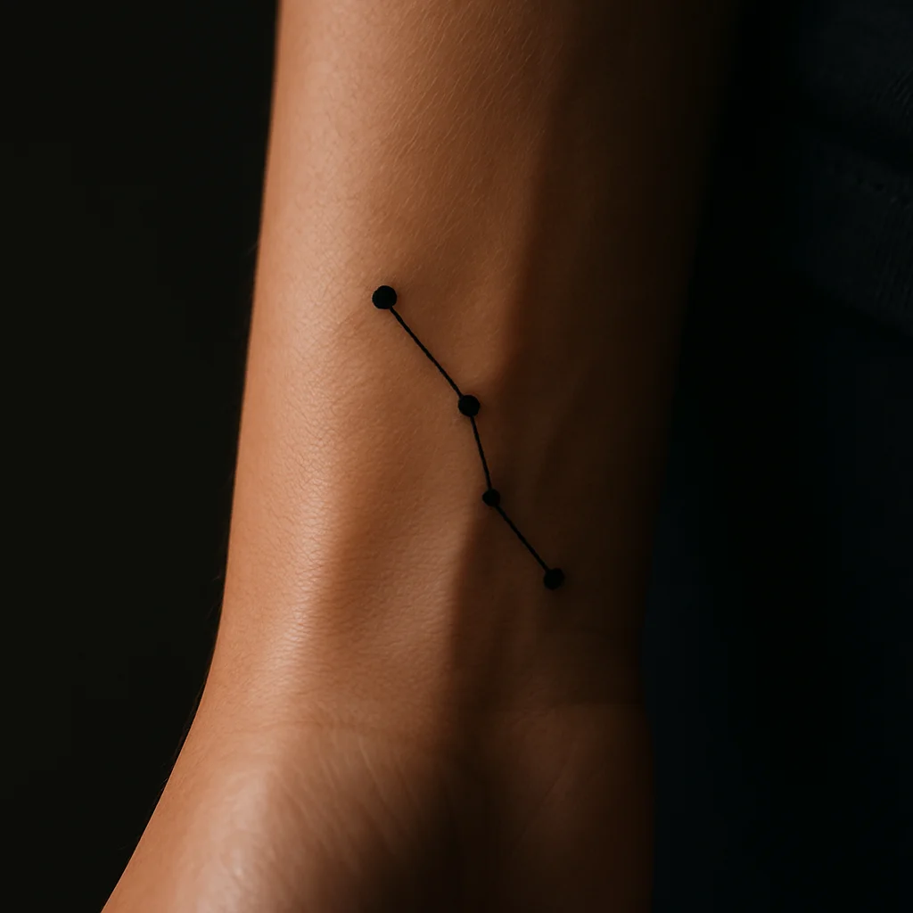 Small constellation of dots and hairlines tattooed along the blade of the hand