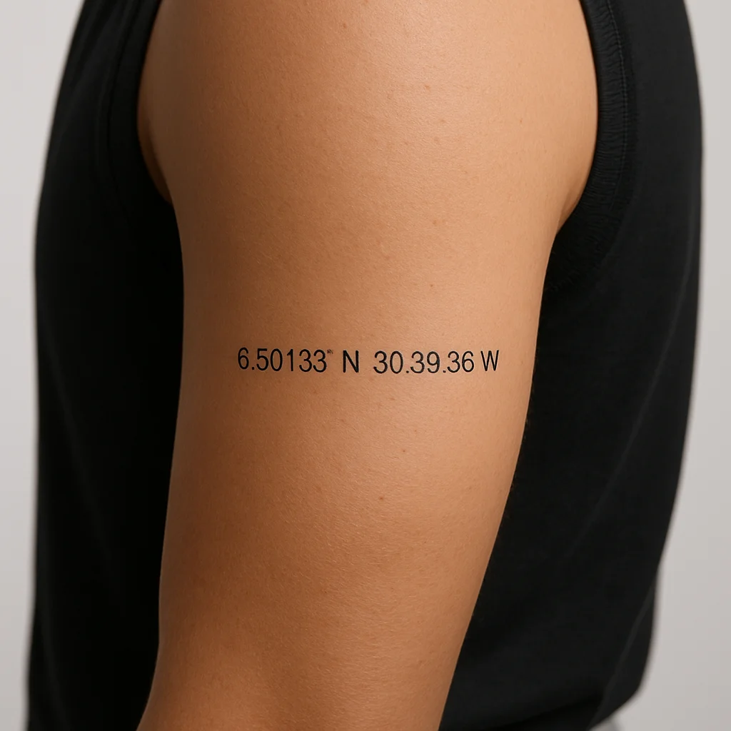 Small coordinates in clean sans-serif type tattooed on the upper arm