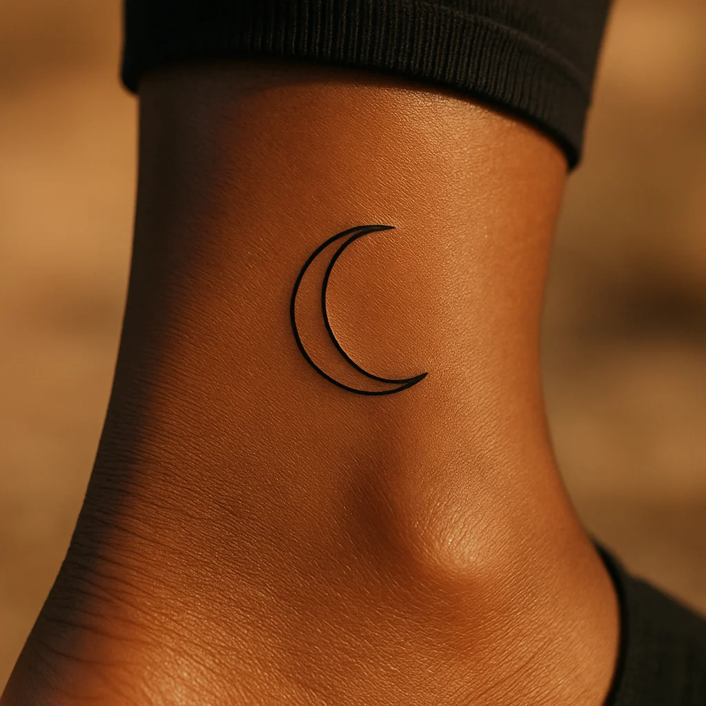 Small crescent moon tattoo tucked behind the inner ankle bone