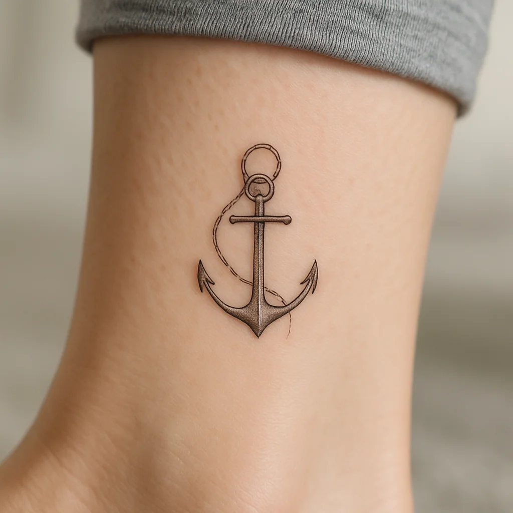 Small fine-line anchor tattoo with a rope loop on an ankle, a tender spot for laser removal sessions