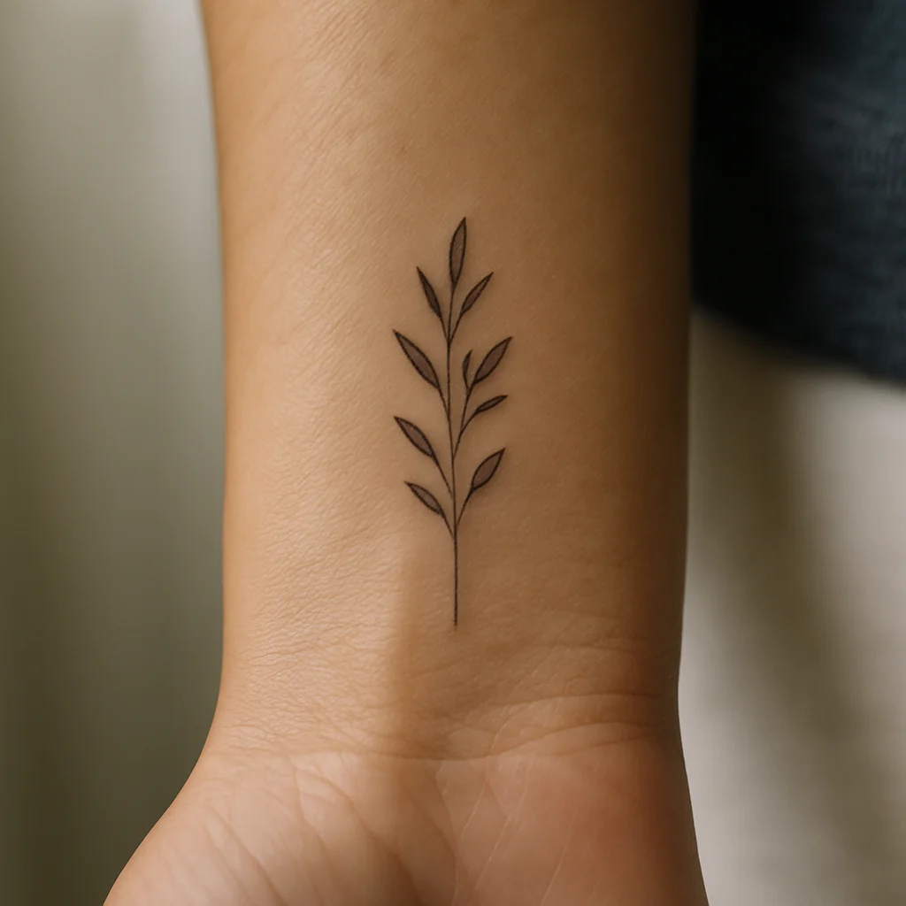 Small fine-line botanical sprig tattoo sitting below the hand crease on the inner wrist