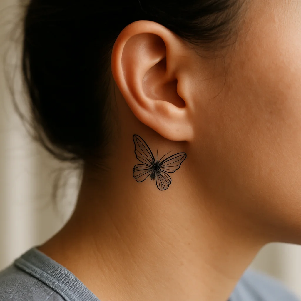 Small fine-line butterfly tattoo angled below the jaw hinge on the neck
