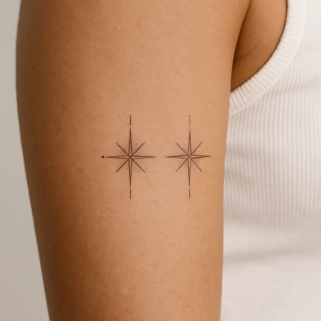 Small fine-line compass rose tattoo on the upper arm from a matching father and son session