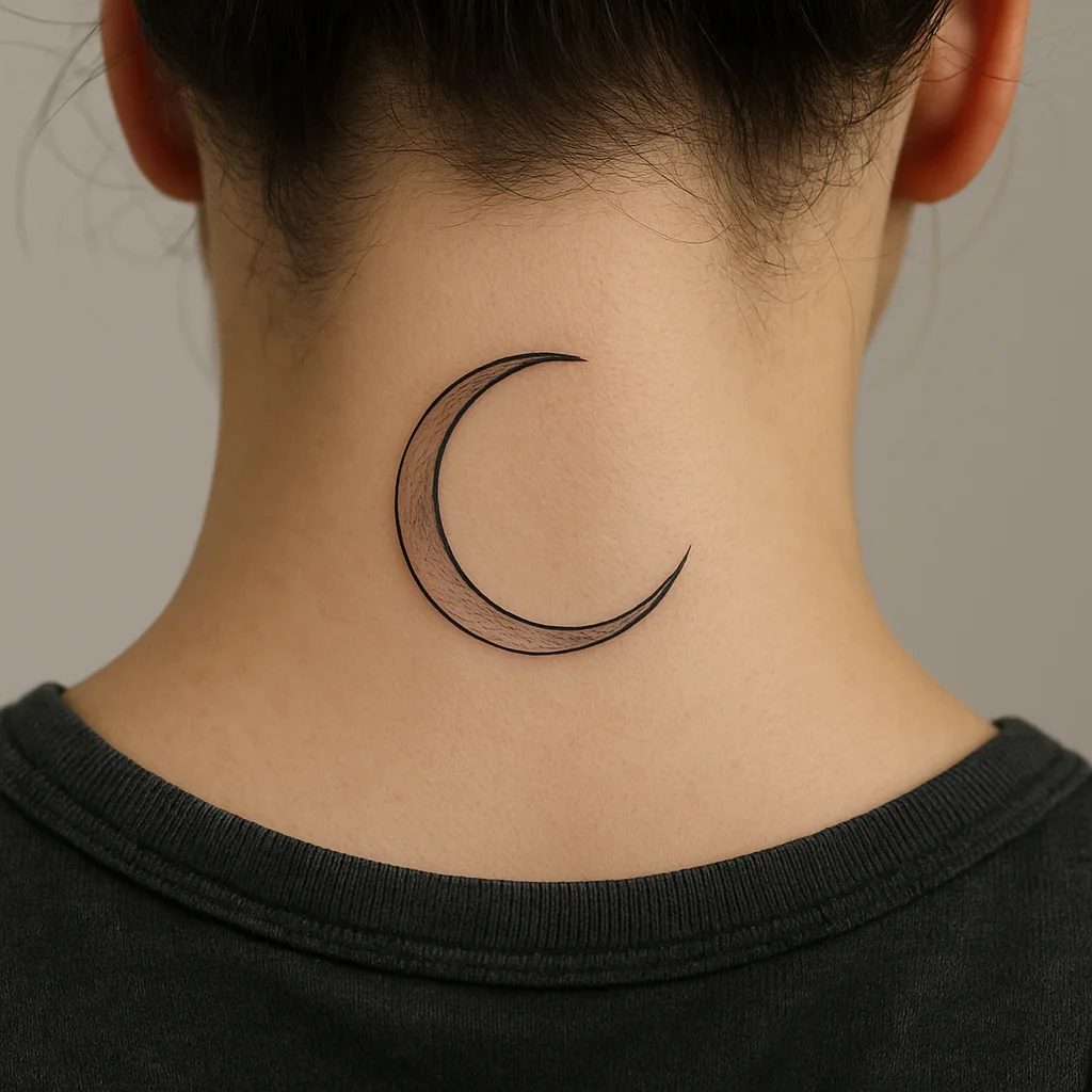 Small fine-line crescent moon tattoo at the hairline on the nape of a woman's neck
