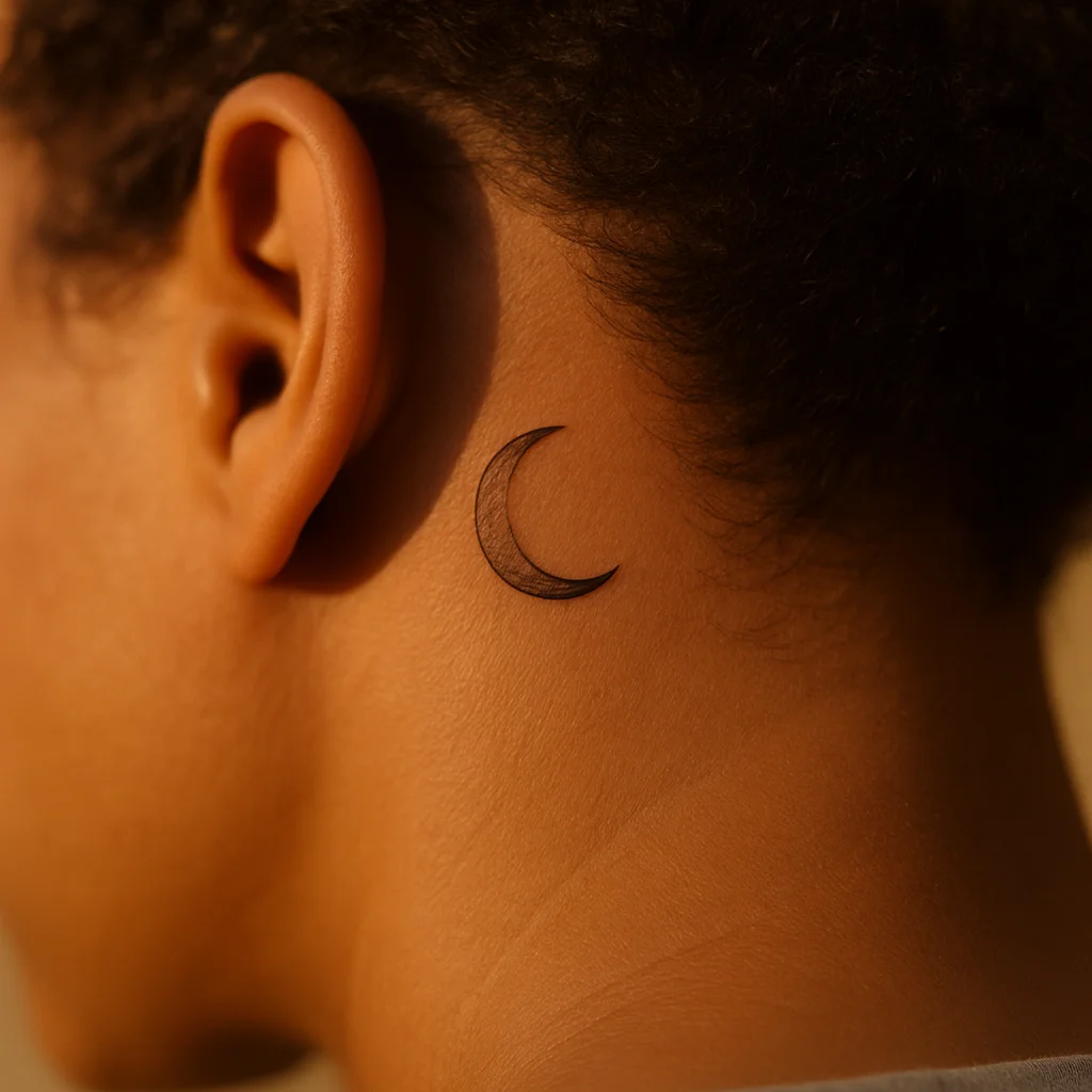 Small fine-line crescent moon tattoo tucked into the crease behind the ear