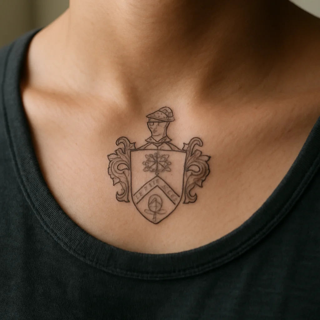 Small fine-line family crest tattoo at the sternal notch below the throat