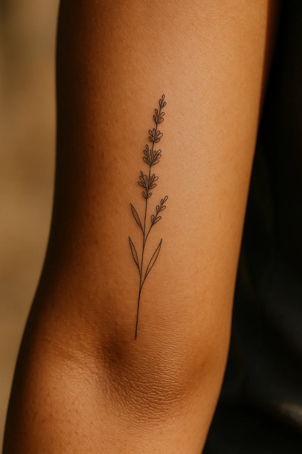 Small fine-line lavender sprig tattoo healing on the inner forearm