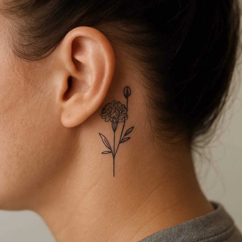 Small fine-line marigold sprig with a bloom, bud and leaves tattooed behind the ear