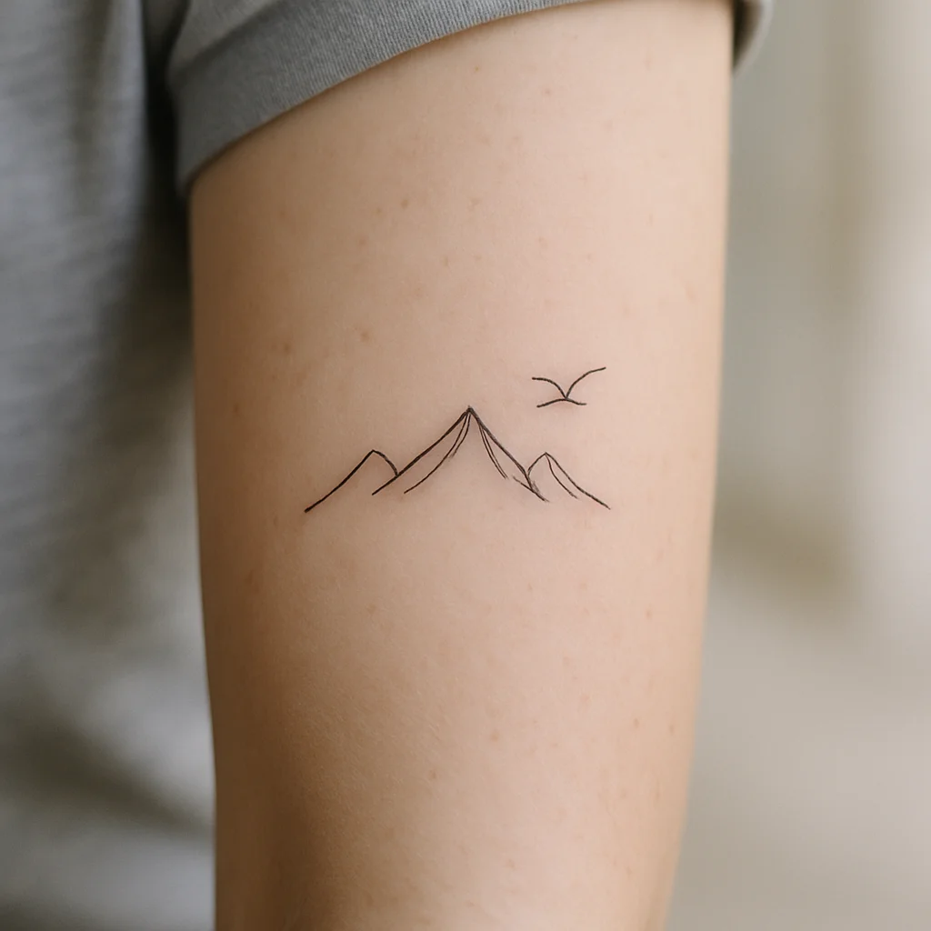 Small fine-line mountain range and tiny bird tattoo healing on the outer forearm
