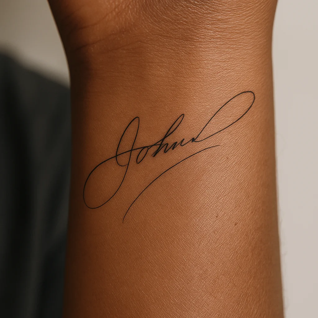 Small fine-line signature tattoo of a late father on the inner wrist