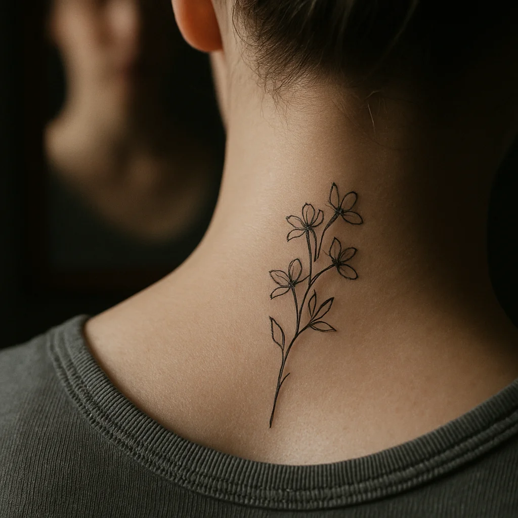 Small fine-line stencil placed at the nape of the neck before a tattoo session