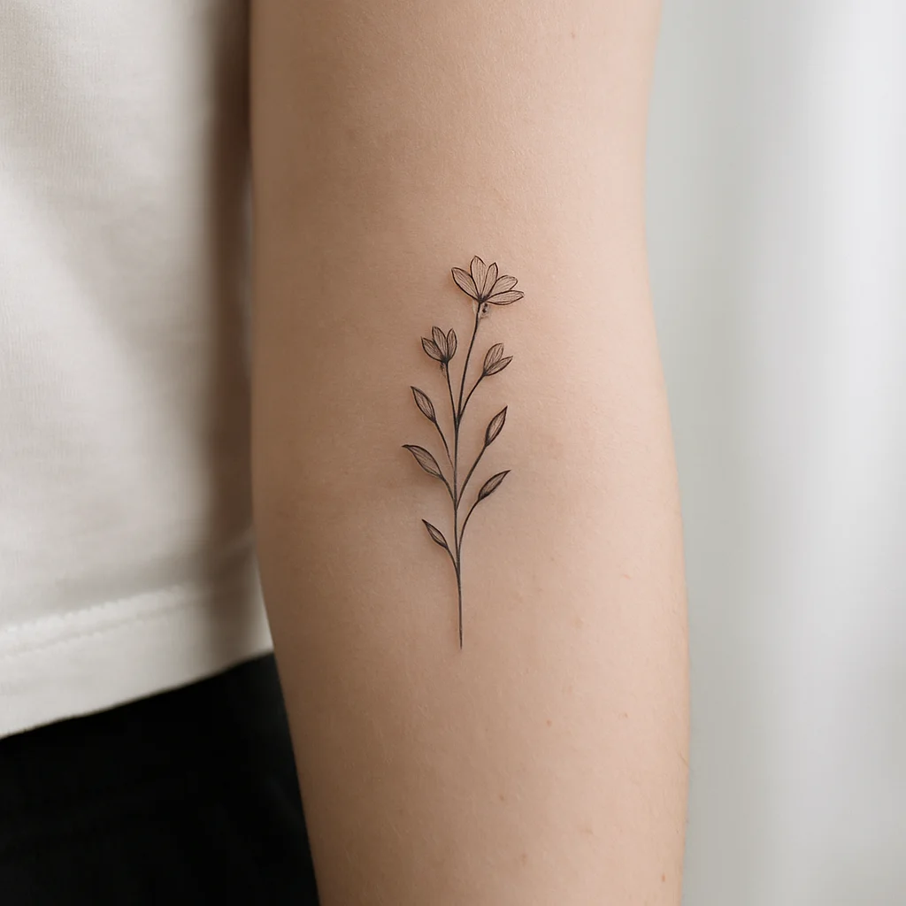 Small fine-line wildflower tattoo with generous spacing on the flat inner forearm