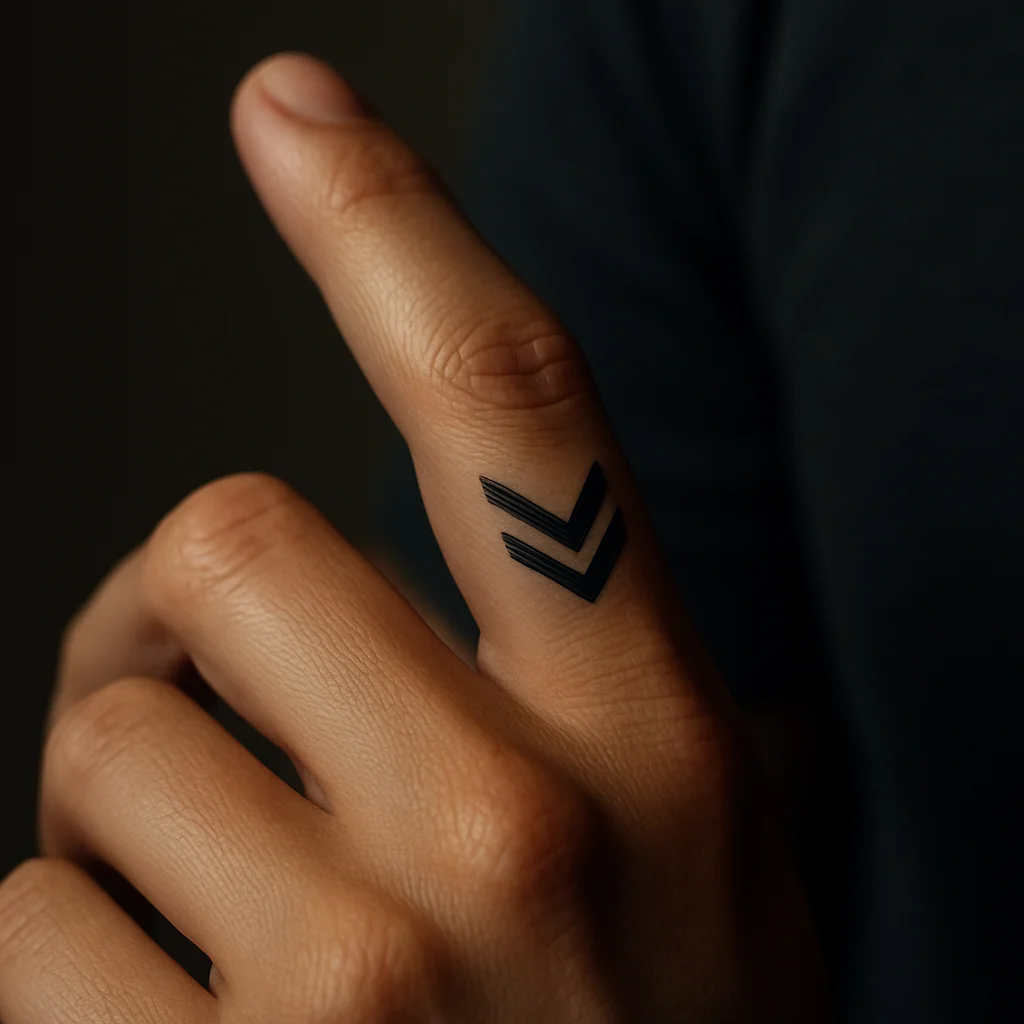 Small geometric double chevron tattoo on the outer side of the index finger