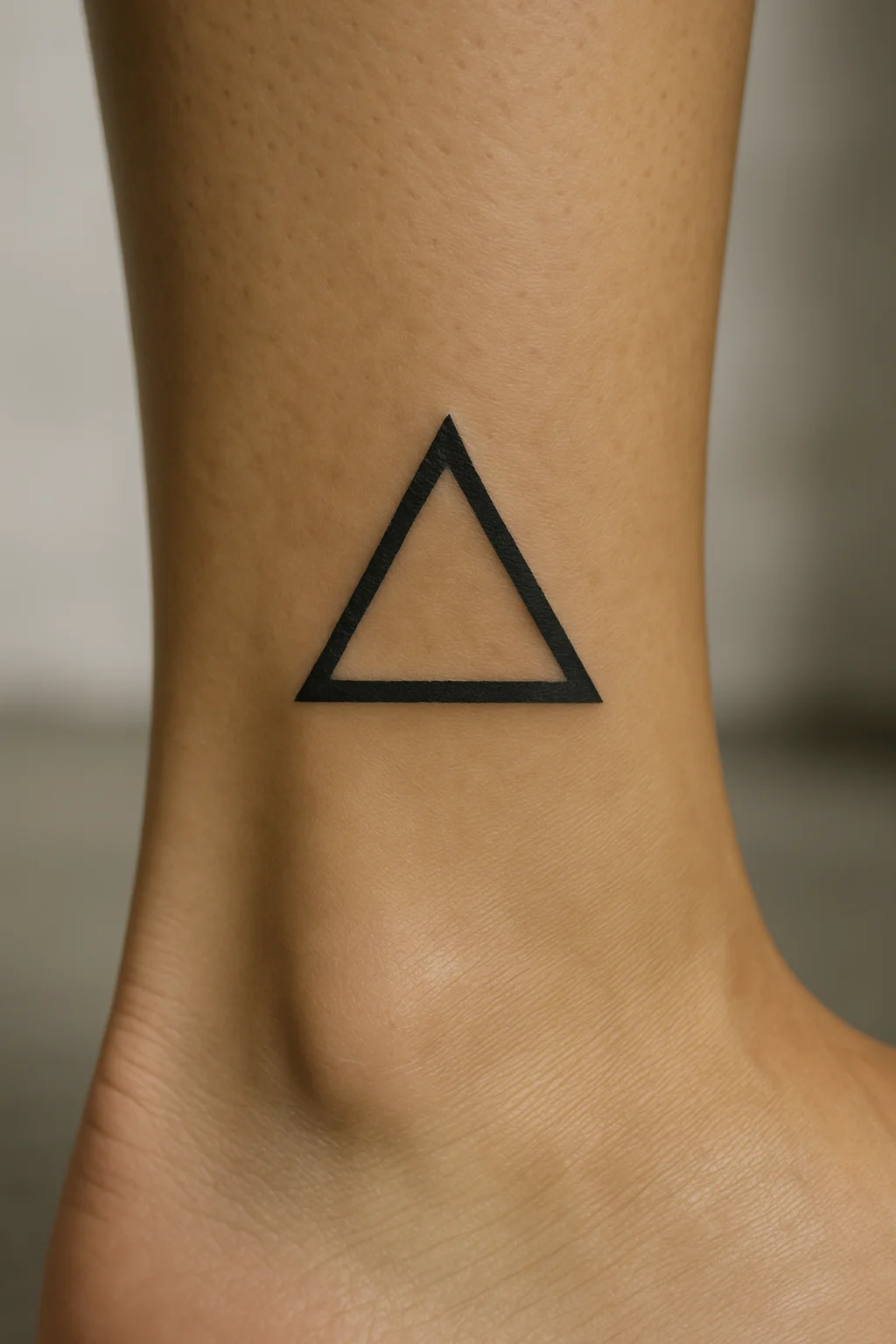 Small geometric triangle tattoo with clean open linework on the ankle