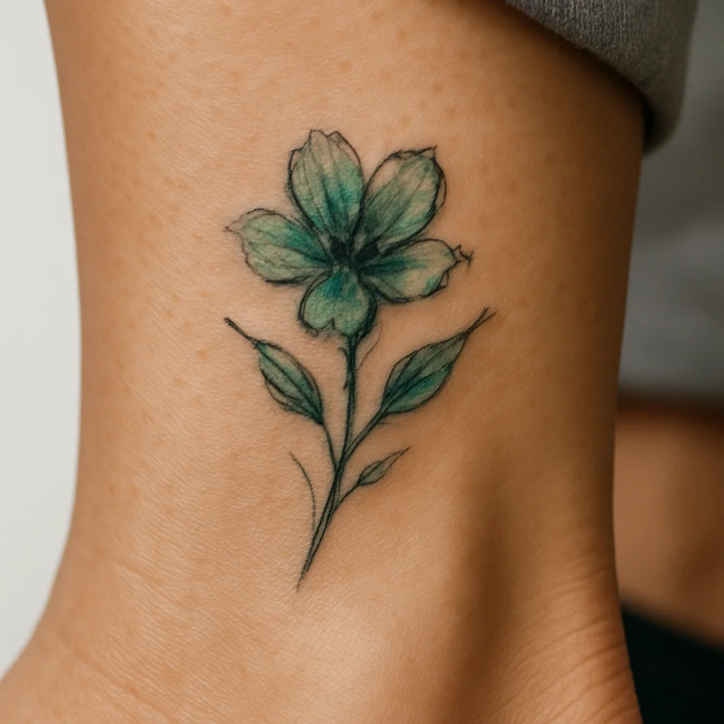 Small green and teal floral tattoo on an ankle, a stubborn colour and slow-circulation area for laser removal