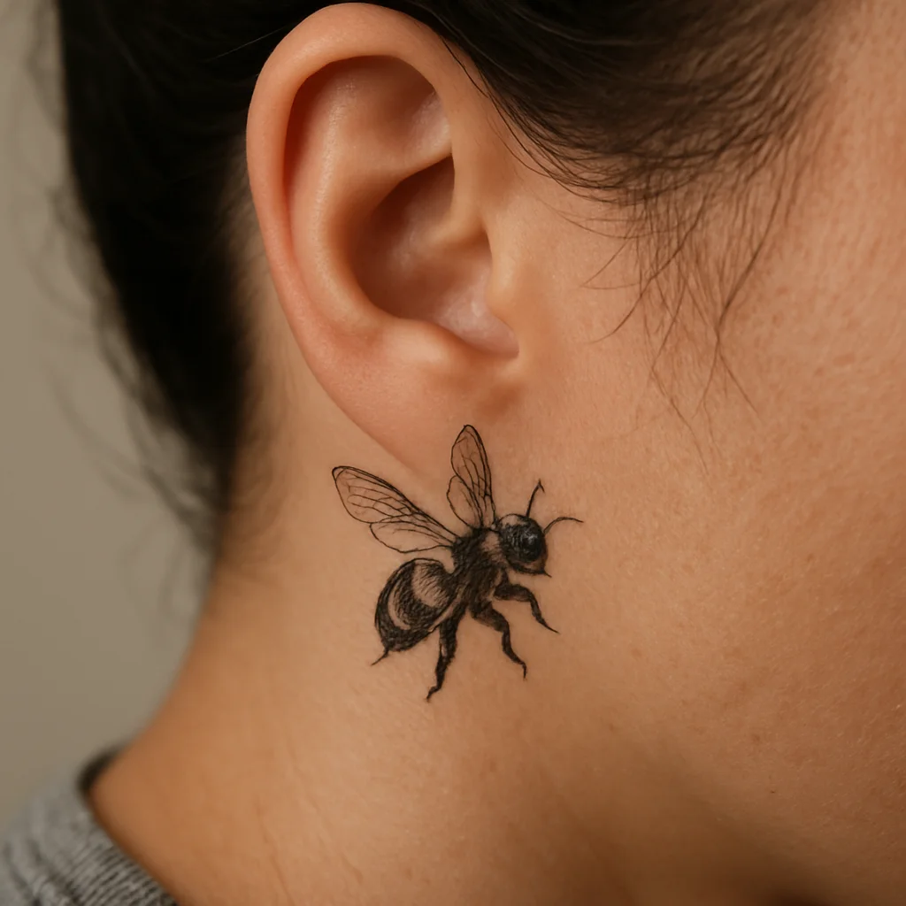 Small illustrative bee tattoo with shaded wings placed behind the ear
