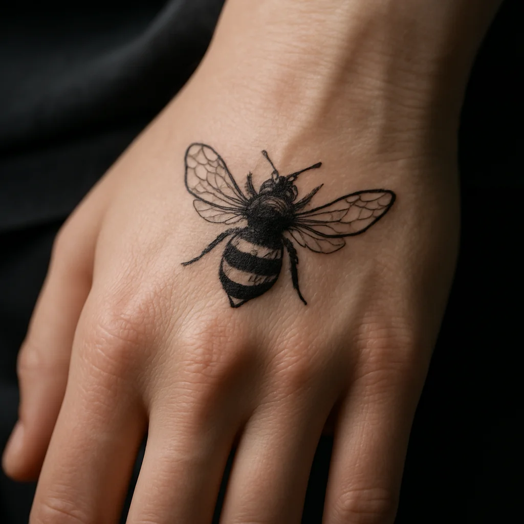 Small illustrative bee tattoo with striped body placed above the thumb knuckle on the hand