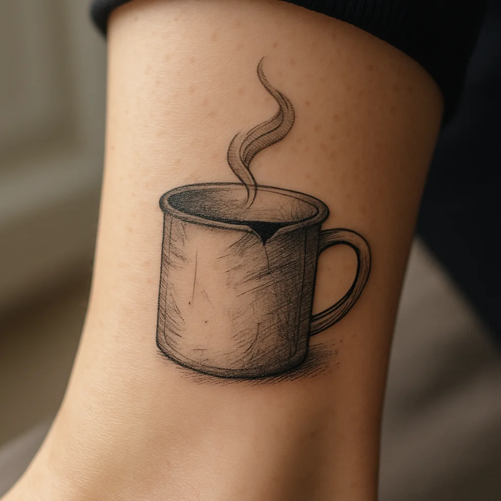 Small illustrative chipped mug tattoo with steam on the ankle
