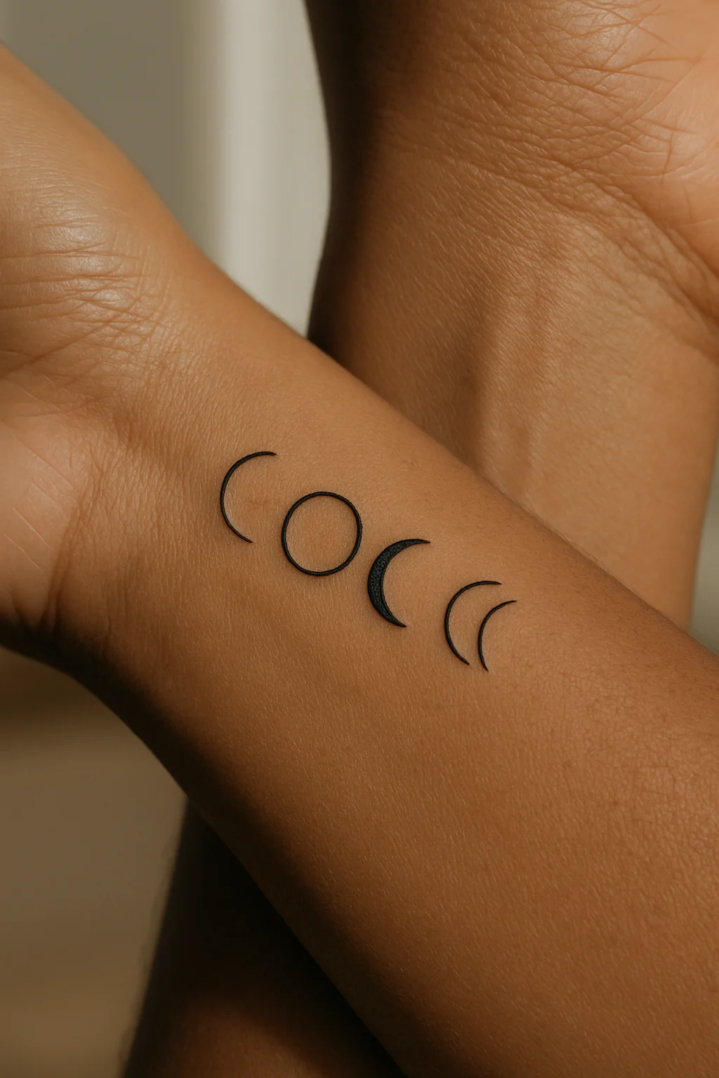 Small matching moon phase tattoo on the side of the wrist for two people