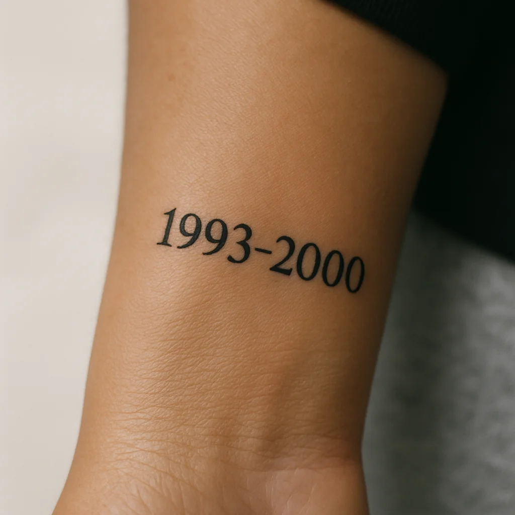 Small minimalist birth and death year tattoo with a dash on the side of the wrist