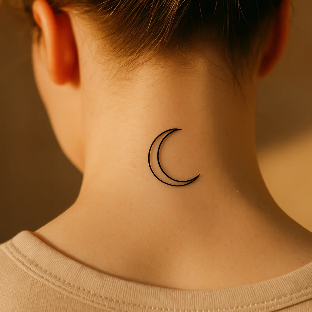 Small minimalist crescent moon tattoo centred on the nape of the neck above the collar line