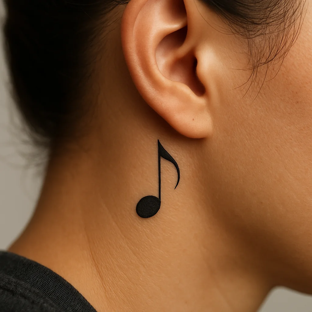 Small minimalist eighth music note tattoo behind the ear