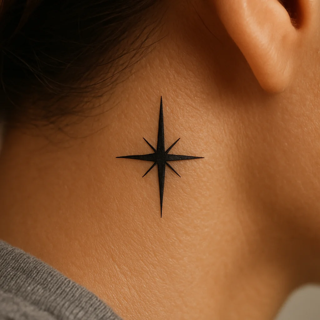 Small minimalist four-point north star tattooed behind the ear