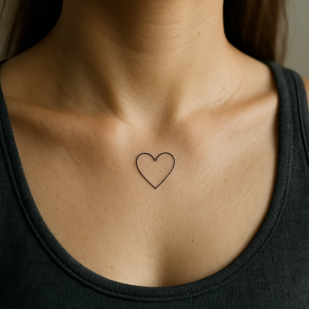 Small open heart outline tattoo in the throat notch between collarbones, fine-line style with slightly weighted linework