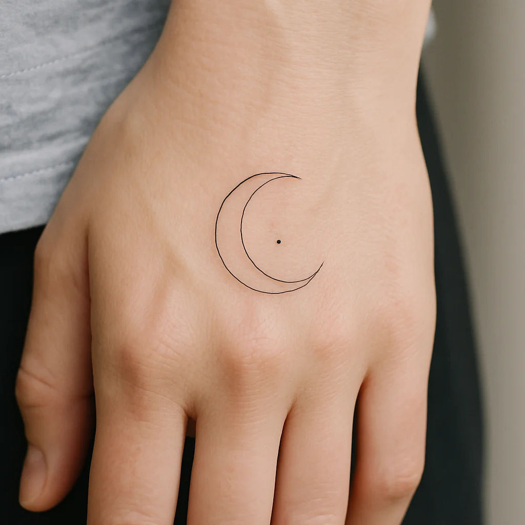 Small outlined crescent moon tattoo between the tendons on the back of a woman's hand