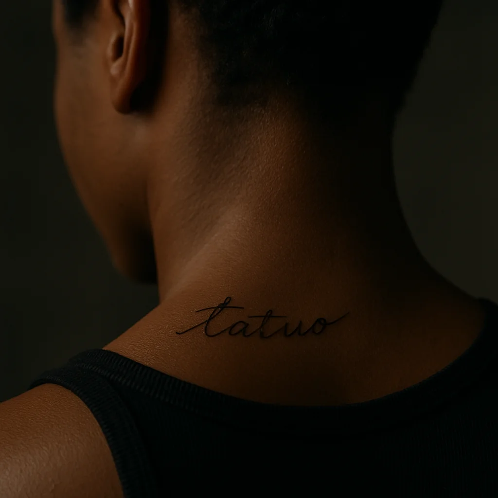 Small script tattoo following the trapezius ridge below the hairline