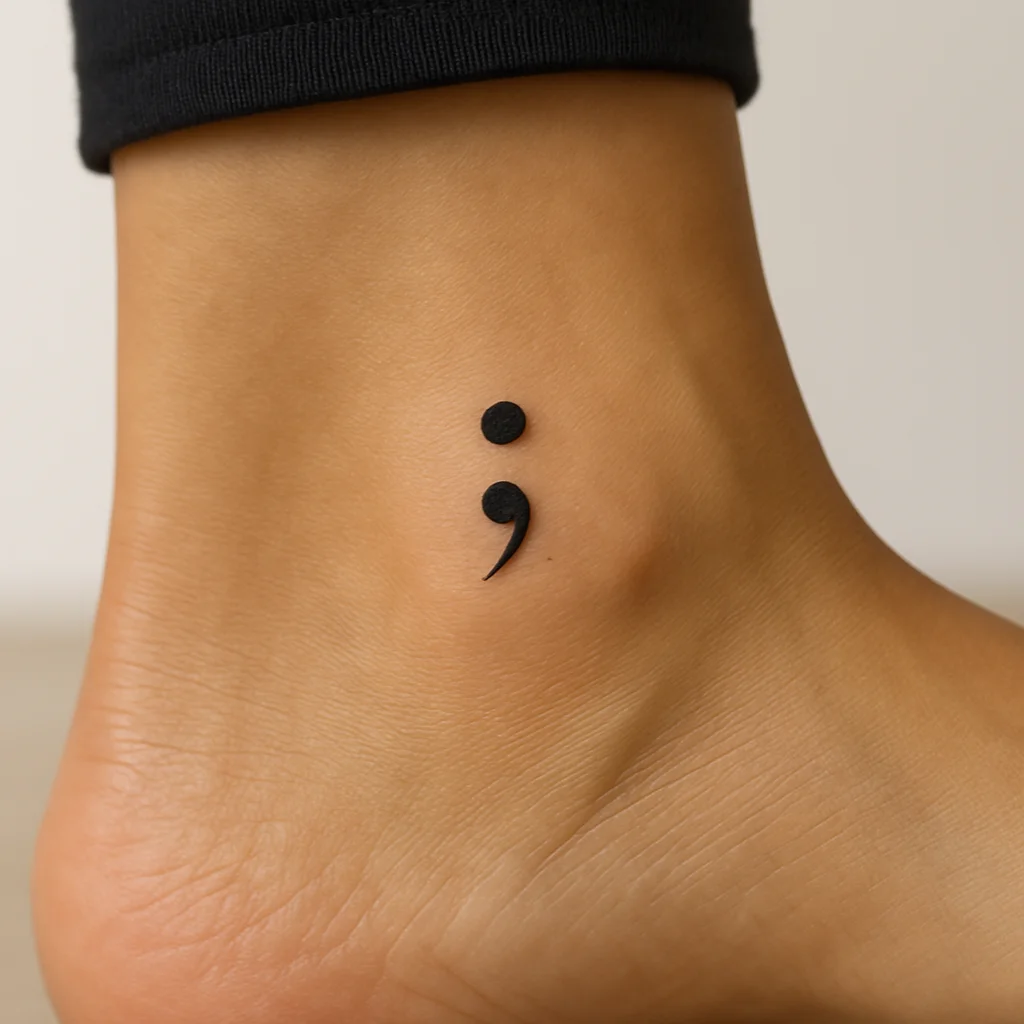 Small semicolon tattoo placed low near the heel at the back of the ankle