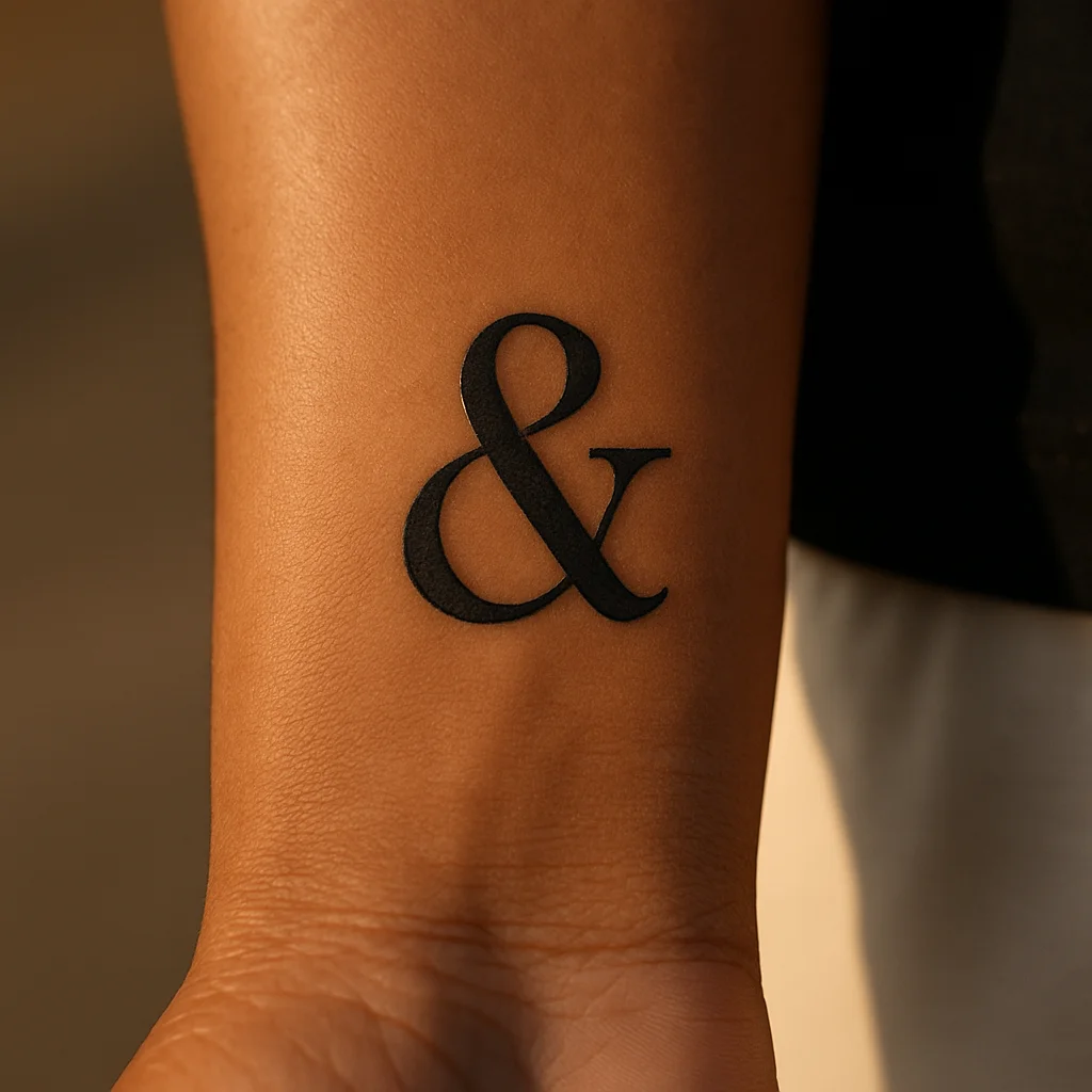 Small serif ampersand tattoo with open counters, minimalist lettering on inner wrist
