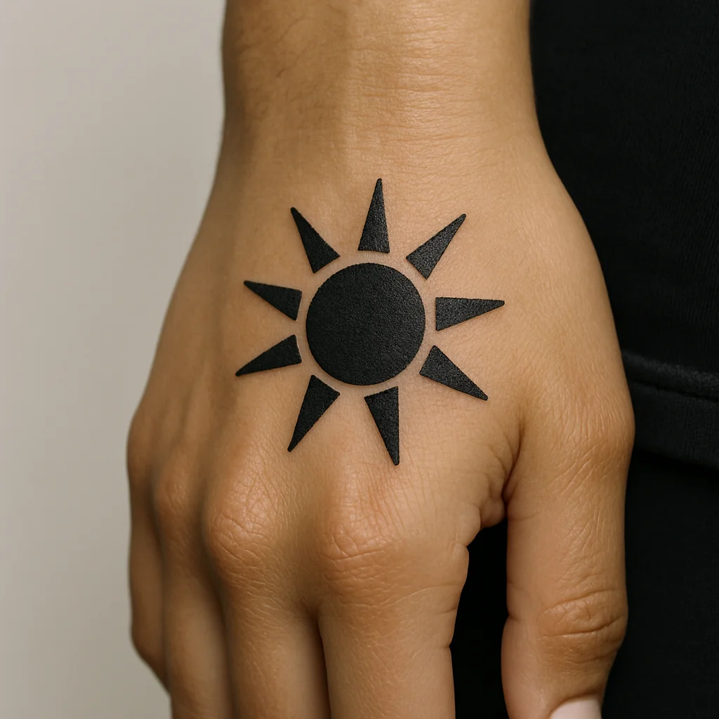Small solid black sun tattoo in the thumb web as part of a matching friendship set