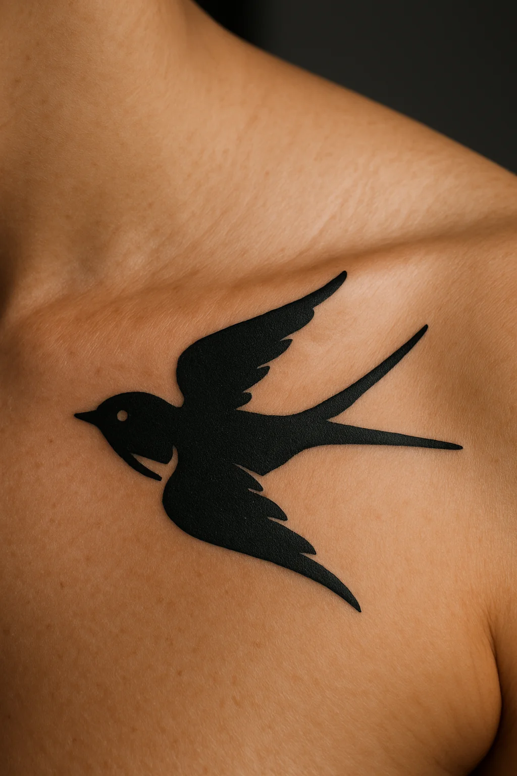 Small solid swallow silhouette tattoo in traditional style along the collarbone