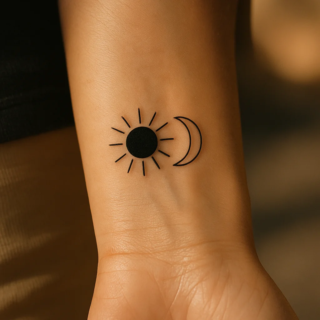 Small sun and moon tattoo in minimalist style on the underside of the wrist