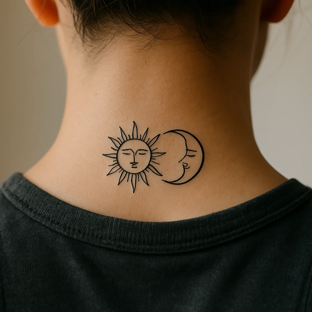Small sun and moon tattoos flanking the vertebra at the base of the neck