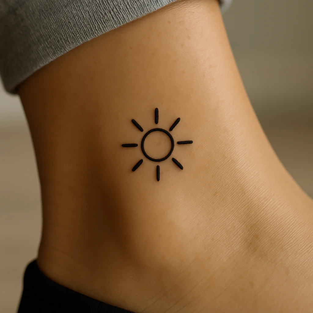 Small sun with short rays tattooed above the outer ankle bone