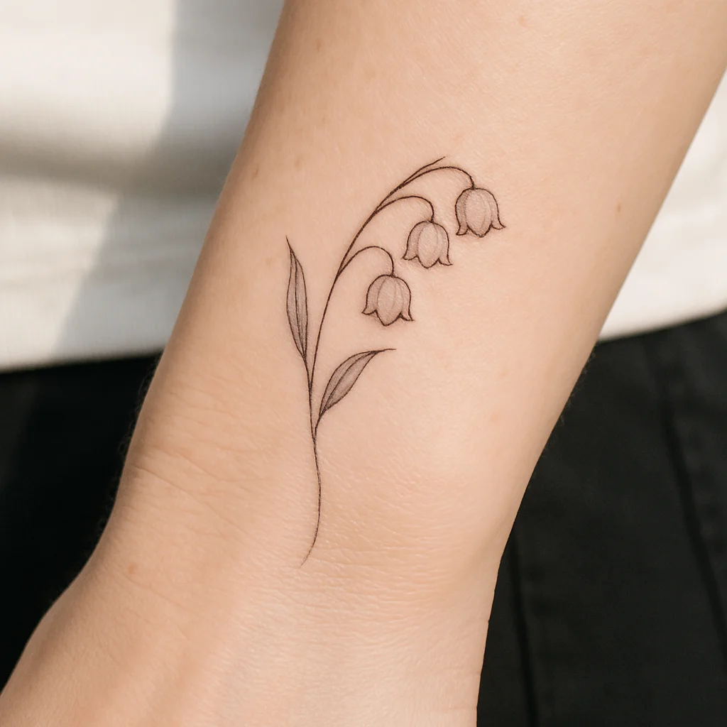Small three-bell lily of the valley sprig curling along the side of the wrist