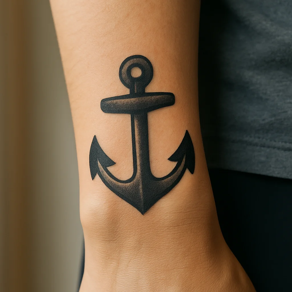 Small traditional anchor tattoo above the wrist on a man's outer forearm