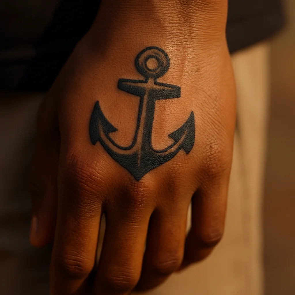 Small traditional anchor tattoo with chunky ring on the outer side of a man's thumb