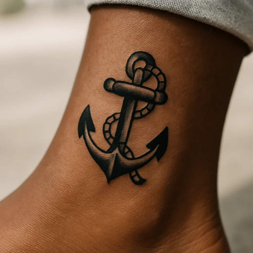 Small traditional anchor tattoo with rope above the ankle bone on a man's leg