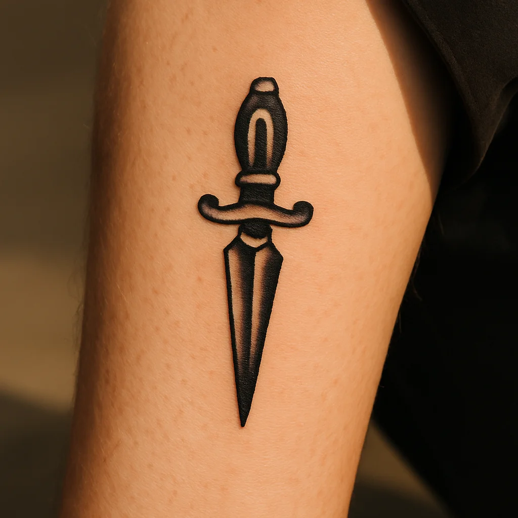 Small traditional dagger tattoo point-down on the inner lower calf