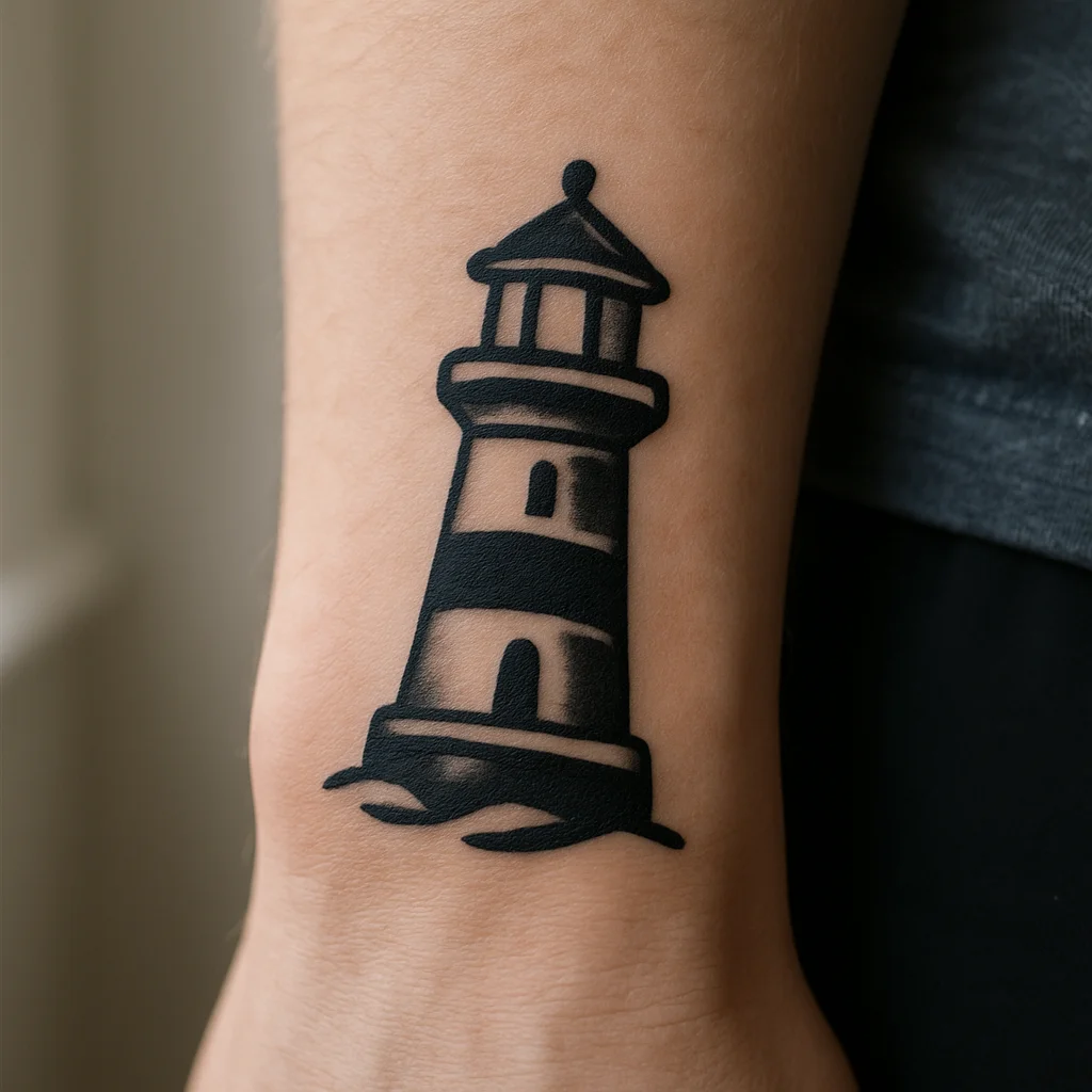 Small traditional lighthouse tattoo at the junction of the hand and wrist