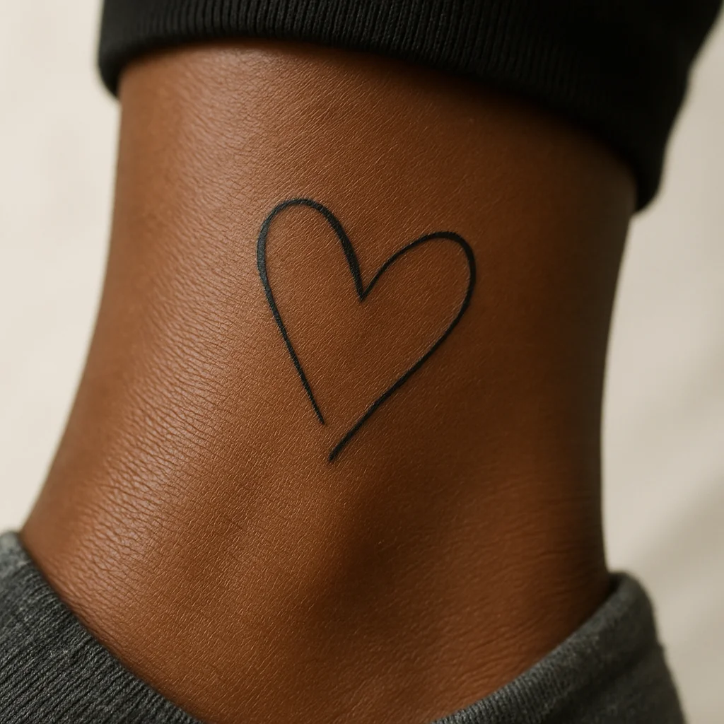 Small unclosed handwritten heart doodle tattooed in minimalist style on the inner ankle
